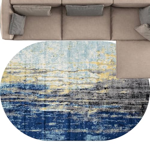 KTYUTJDH Teppich Wohnzimmer Kurzflor Weich Waschbar Zimmer Deko aesthetic Schlafzimmer,Dunkelblau Gelb Schwarz Grau Abstrakt Modern,Blue,Oval 80 x 140 cm