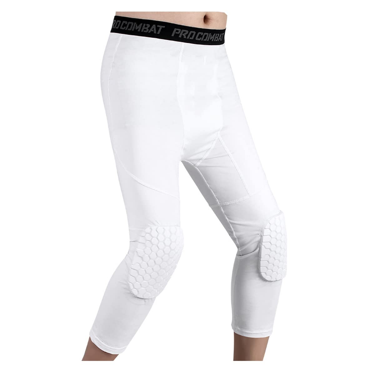 Topeter- Athletic Workout Leggings 3/4 Capri Gepolsterte Kompressionsstrumpfhose mit kurzen Hosen Herren Weiß Klein