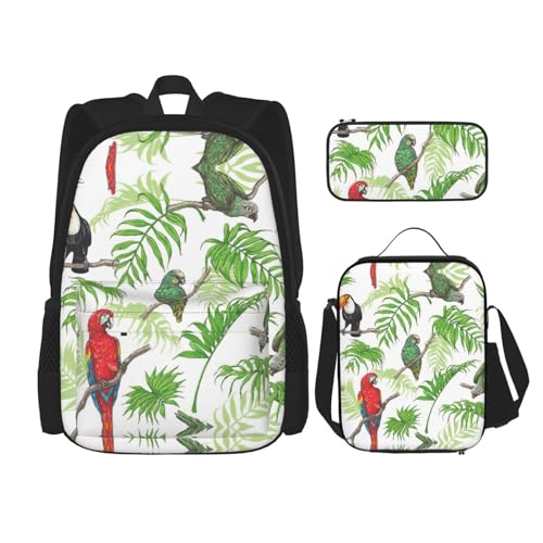 WURTON Schulrucksack-Set mit Papageienvögeln und tropischem Baum-Druck, 3-in-1-Büchertasche-Set mit Lunchbox, Federmäppchen, Reise, Laptop, Tagesrucksack