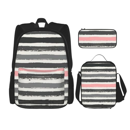 WURTON Rosa hell- und dunkelgraue Streifen Druck Rucksack Mädchen Jungen Schultaschen Teenager Lunchbox und Federmäppchen 3 in 1 Büchertaschen Set