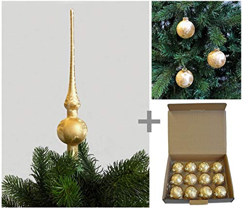 JACK by Thüringer Glas Eislack Christbaumspitze 28cm + 12x Christbaumkugeln 6cm Spitze Weihnachtskugel Set, Farbe:Gold