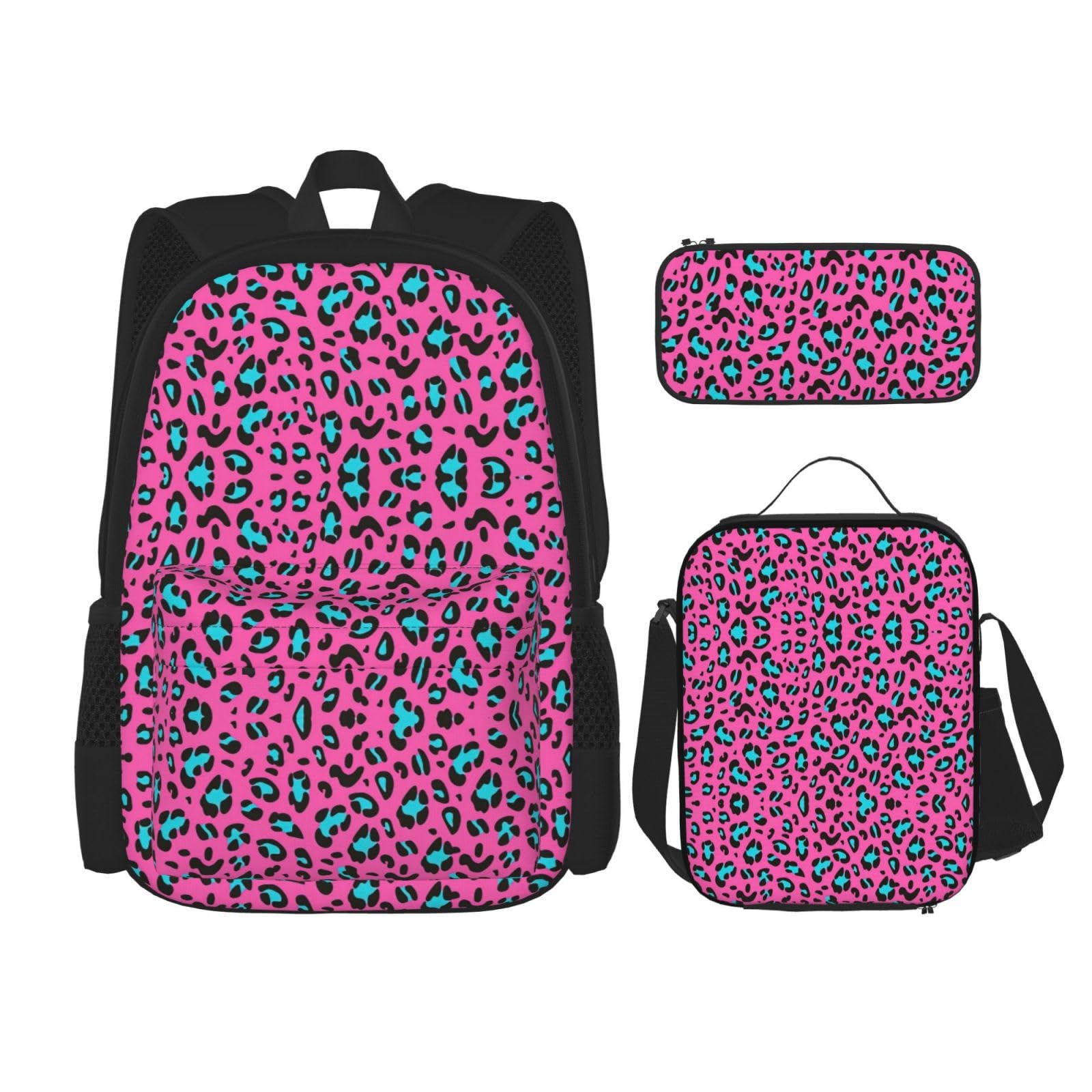 WURTON Süßes Leopardenmuster, 3-in-1-Sets, lässig, verstellbar, Schulter-Rucksack, Lunch-Tasche, Federmäppchen, Beutel, Schwarz, Einheitsgröße