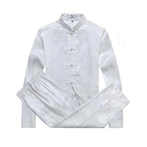 G-like Chinesische Kleidung Tang Anzug - Traditionelle Klassische Kostüme Kampfkunst Kung Fu Tai Chi Qigong Lange Ärmel Drachen Muster Performance Uniform für Männer Frauen (Weiβ, XL)