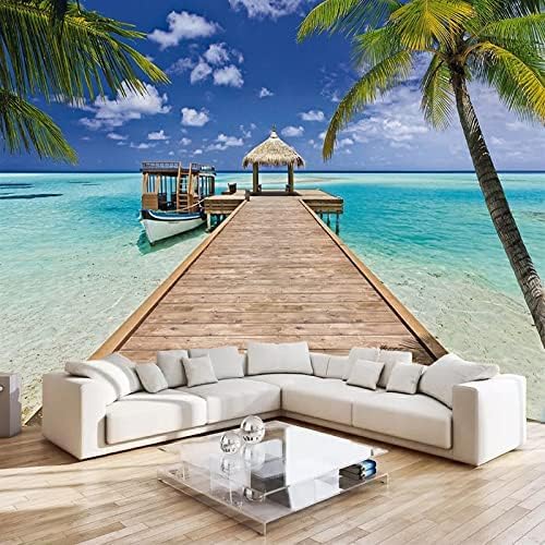 XLMING Sommerstrand Holzbrücke Küche Esszimmer Arbeitszimmer Wohnzimmer TV Hintergrund Wand 3D Tapete-150cm×105cm