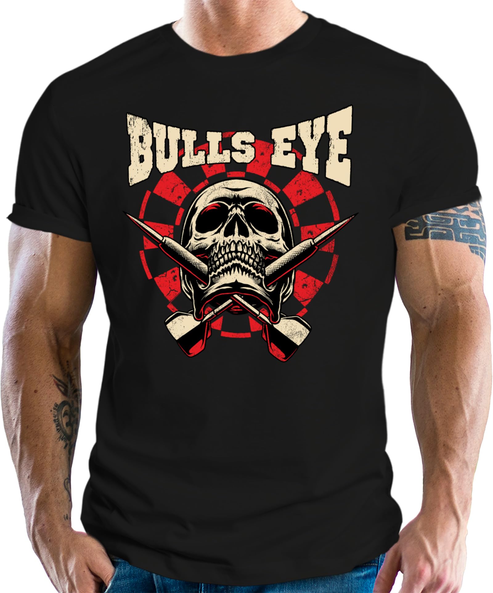 LOBO NEGRO Original Design, T-Shirt für den Dart Fan: Bulls-Eye Skull schwarz