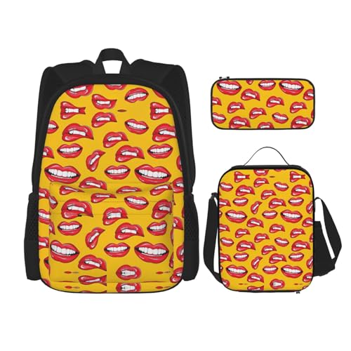 WURTON Frauen lächeln und beißen ihre roten Lippen, Druck, verstellbare Schultergurte, Rucksack-Set, Lunch-Tasche, Federmäppchen, Kombinationstaschen-Set