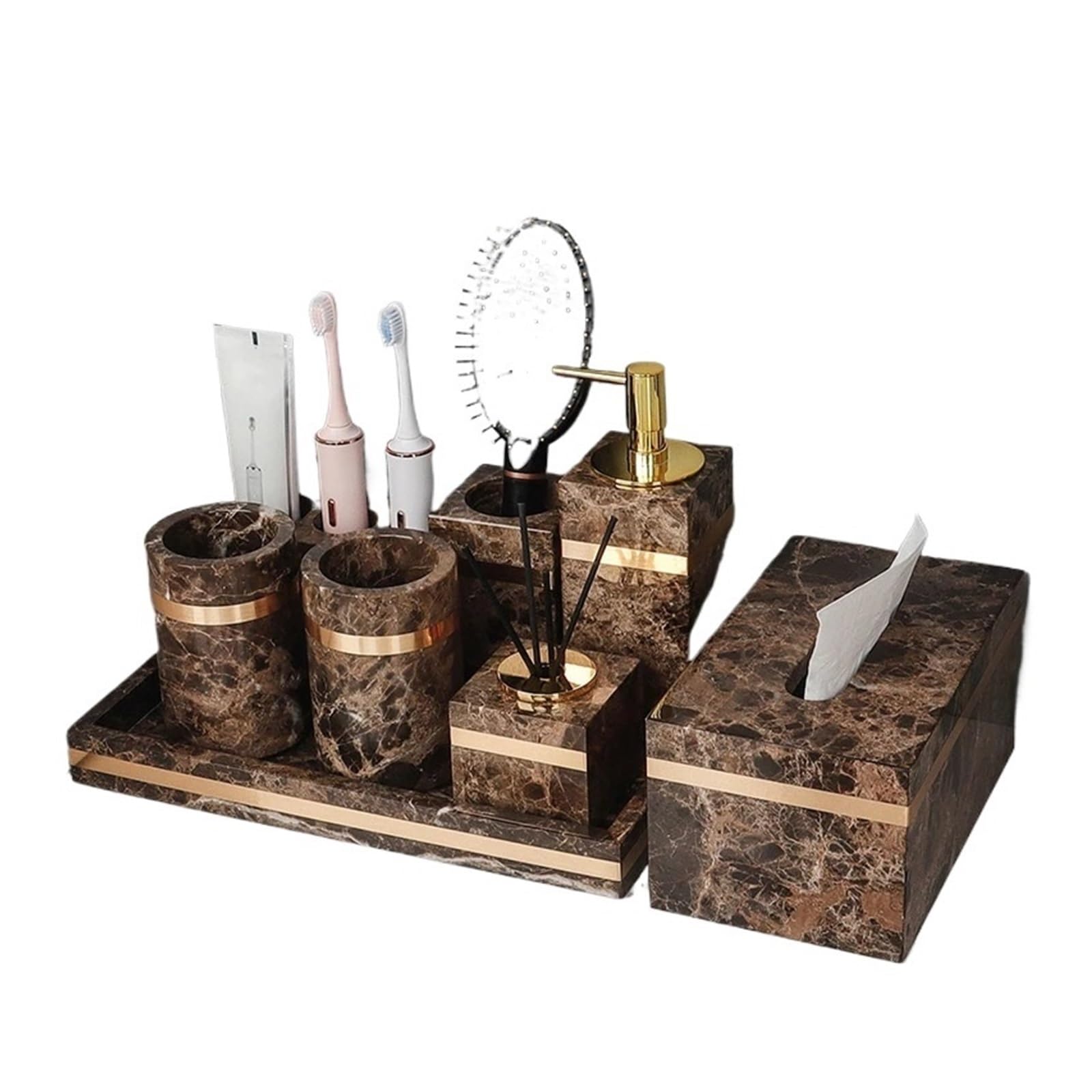 AMEEDA Badezimmer Set Set aus dunklem Naturmarmor for Badezimmer, luxuriöser Zahnbürstenhalter aus Stein, Zahnbecher, Seifenspender, Badezimmer-Zubehör-Sets Badezimmer Set Akazie(Cotton Swab jar A)