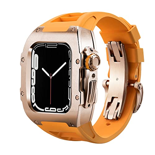 TONECY Für Apple Watch Band Serie 8, 7, 44 mm, 45 mm, Luxus-Modifikationsset, Gummiband, Metallgehäuse für iWatch SE 6, 5, 4, DIY-Nachrüst-Set (Farbe: Orange-RG, Größe: 45 mm)