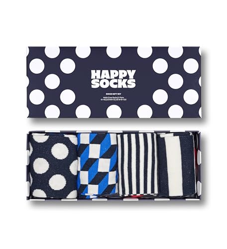 Happy Socks 4-Pack Amazon Big Dot Box, farbenfrohe und fröhliche, Socken für Männer und Frauen, Schwarz-Weiß-Blau-Rot