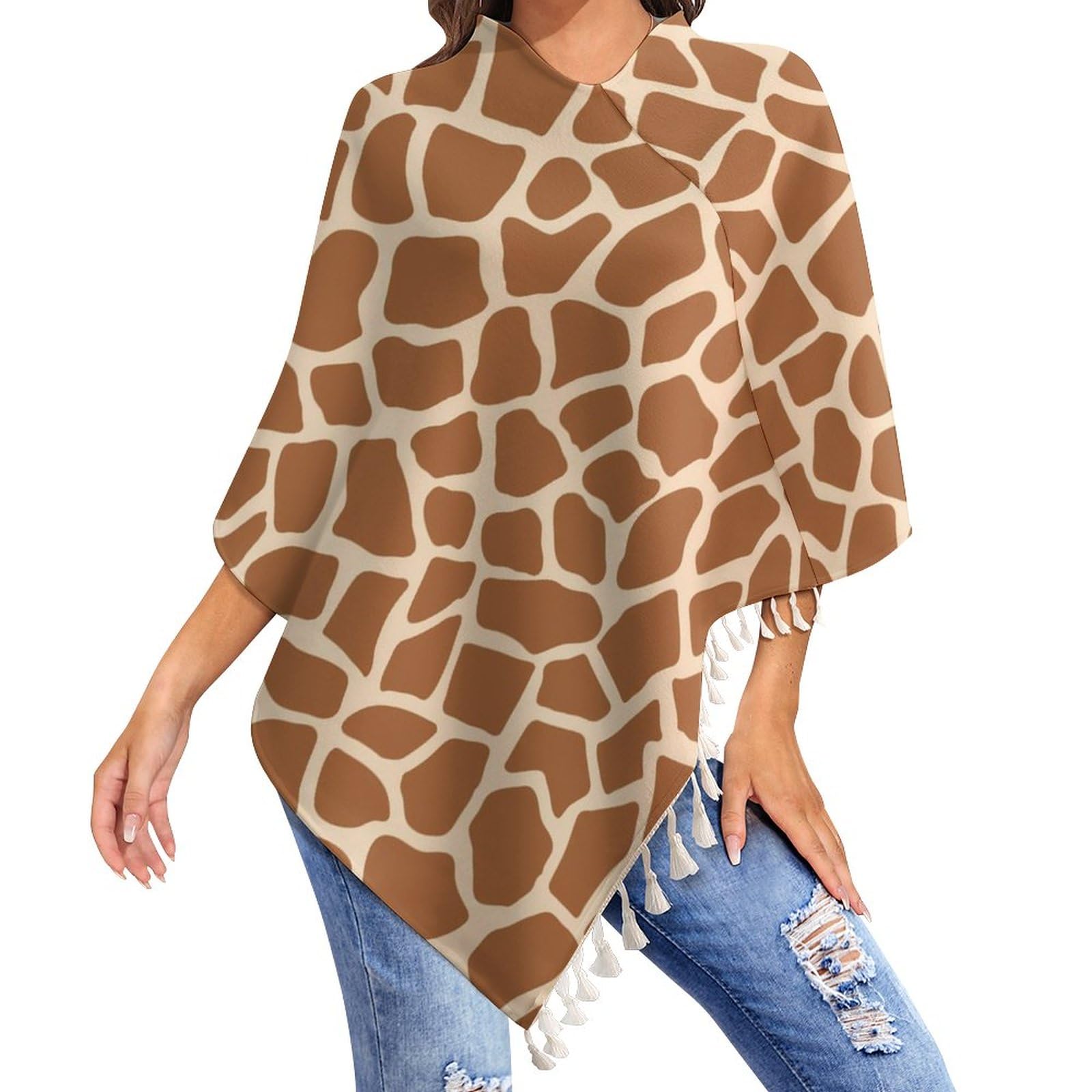 HABXNJF Damen Casual Poncho Top Giraffe Muster Tier Schal für Frauen Wrap Schal mit Quasten für Herbst Winter, Weiß-Giraffe Muster Tier, One size