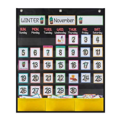 Monatskalender-Taschendiagramm für Klassenzimmer und Zuhause, Kinder-Kalender, Lern-Taschentabelle mit 89 bunten Karten