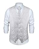 ENLISION Herren Paisley Weste Krawatte Einstecktuch Taschentuch Jacquard Weste Anzug Set, Weiß, Gr.- 4XL(Chest size 57')