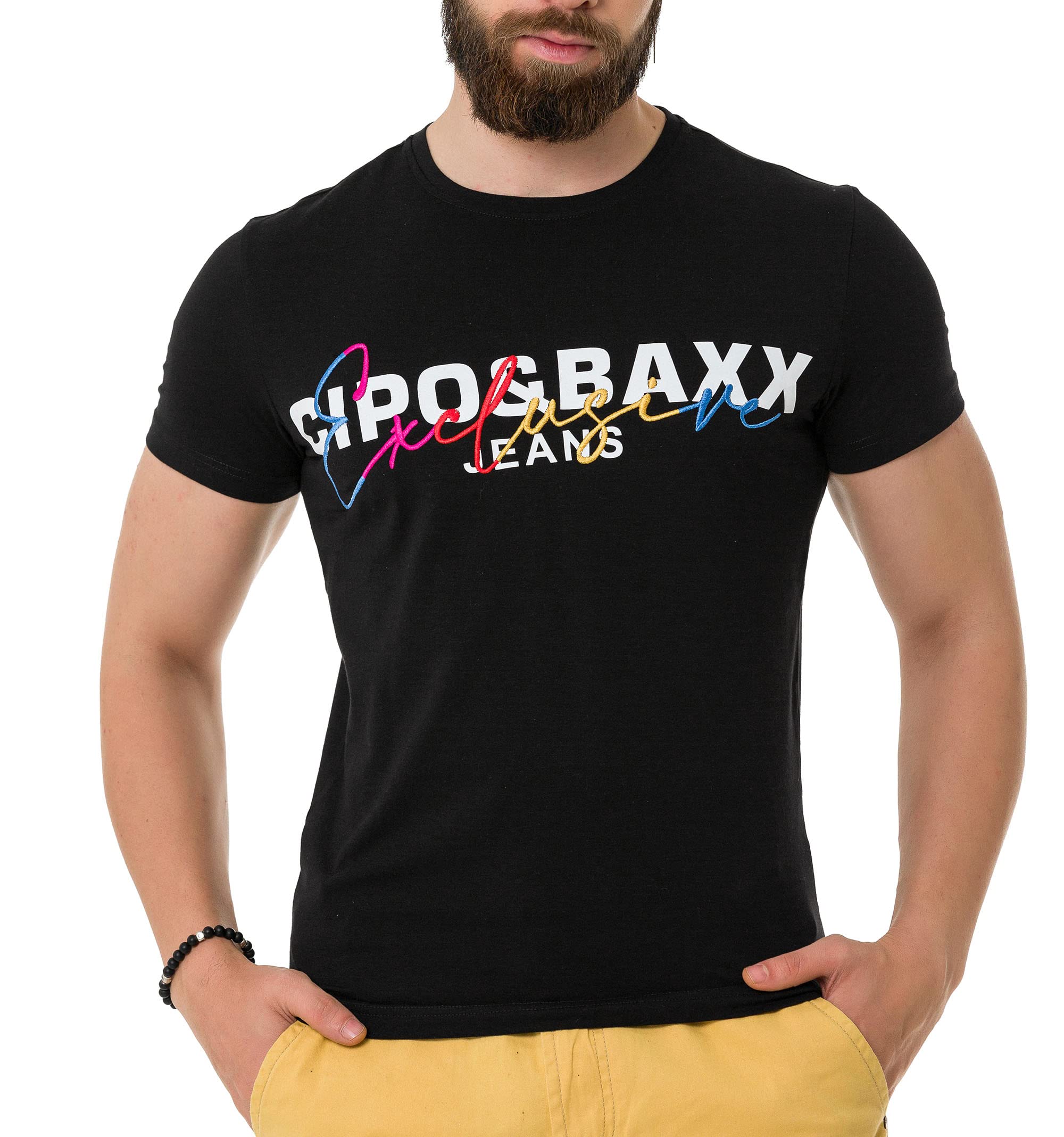 Cipo & Baxx Herren T-Shirt Baumwolle Rundhals Stickerei Kurzarm CT712 Schwarz XXL