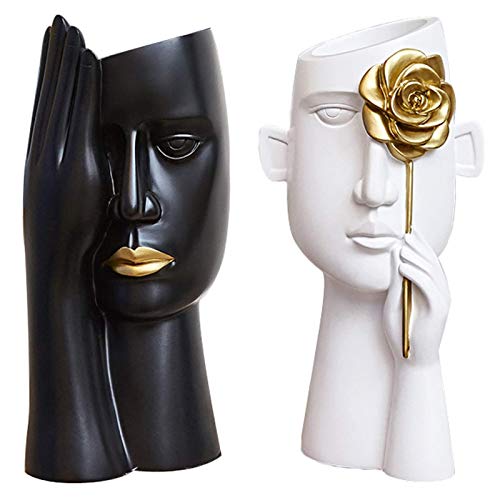 Uziqueif Harz Vase Gesicht Kopf Blumentopf,Abstrakte Menschliches Gesicht Vase-Blumentopf Harz-Blumen-Vasen,Handwerk Kreative Vase Statue Wohnzimmer Schlafzimmer Bücherregal Blumentopf,White+Black