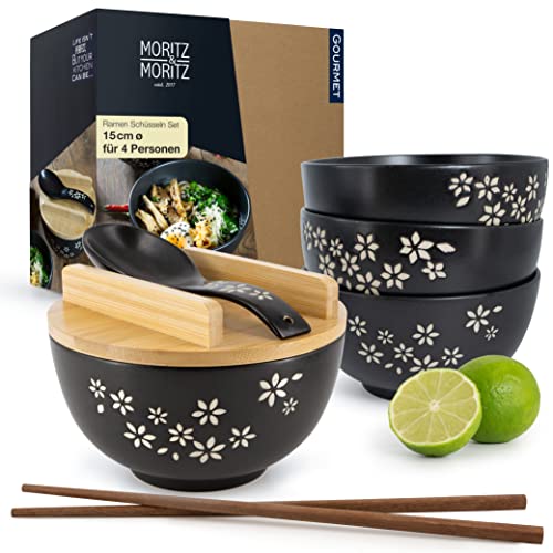 Moritz & Moritz 4X Ramen Schüssel Keramik - 600 ml - 15 cm Ø - Schwarzes Ramen Bowl Set für 4 Personen – Für Suppe, Pho und Sushi Bowl – Inkl. Stäbchen, Deckel und Löffel