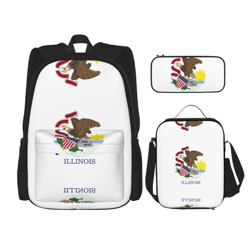 WURTON Illinois Schulrucksack-Set mit Staatsflagge, 3-in-1-Büchertaschen-Set mit Lunchbox, Federmäppchen, Reise-Laptop-Tagesrucksäcke