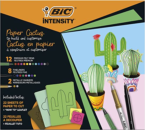 BIC Intensity Stifte Set Kaktus: Bastel Set inkl. 12 Filzstifte, 8 Fineliner, 2 Metallic Marker und 22 Bastel-Vorlagen zum Ausschneiden, Ideal als Geschenk