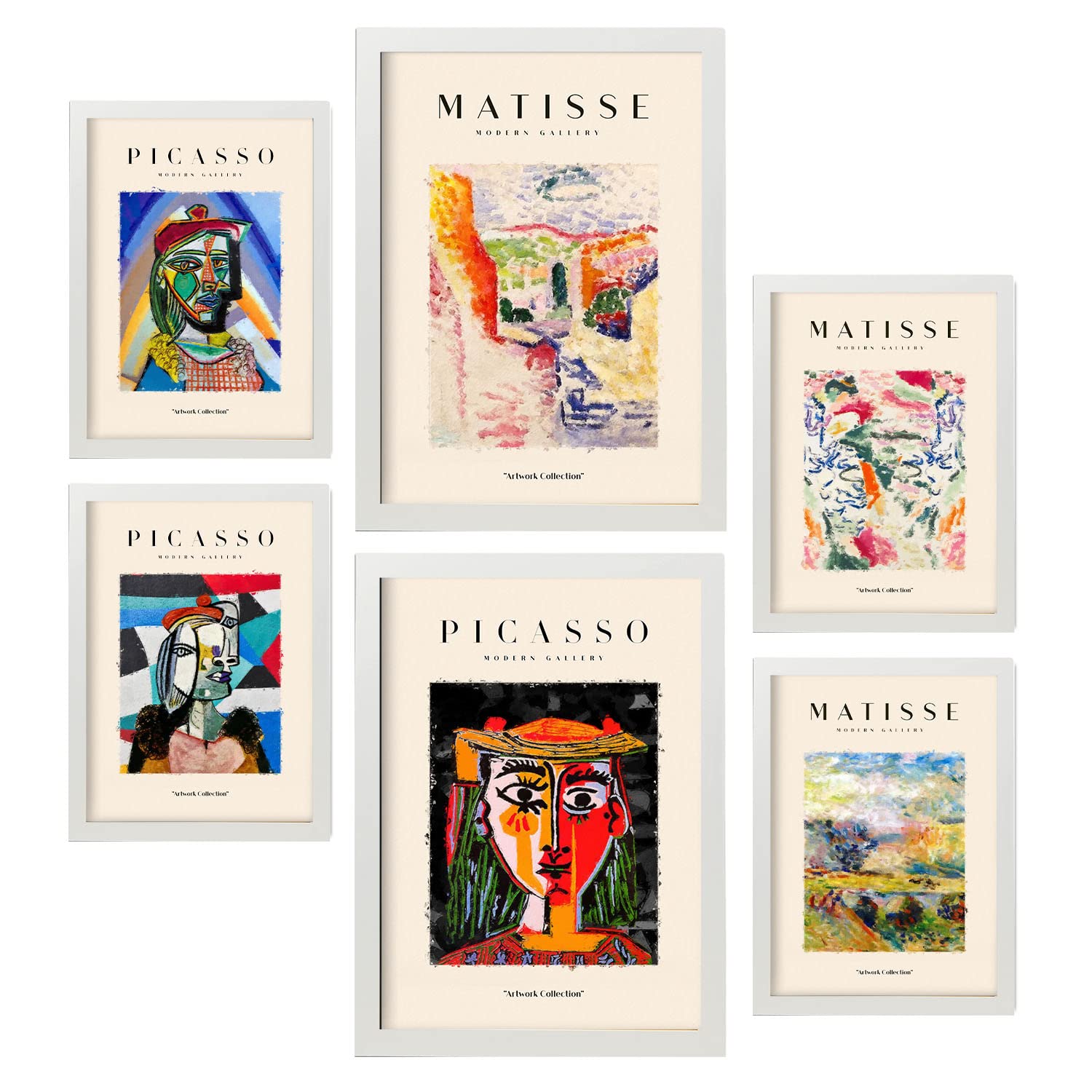 Nacnic Set mit 6 Postern von Picasso und Matisse. Letztes Jahrhundert. Drucke des Fauvismus und Surrealismus für Innenarchitektur und Dekoration. A3 & A4 weiße Rahmen.