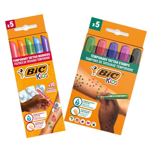 BIC Kids temporäres Tattoo-Set: Stifte, Schablonen und Stempel mit dermatologisch getesteter und parfümfreier Tinte – Packung à 5 Stifte + 10 Schablonen + 5 Stempel