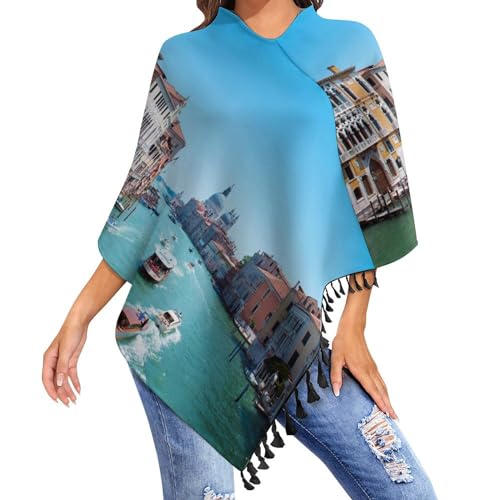 HABXNJF Damen Casual Poncho Top Venedig Italien Schal für Frauen Wrap Schal mit Quasten für Herbst Winter, schwarz-Venedig Italien, Einheitsgröße (Übergröße)