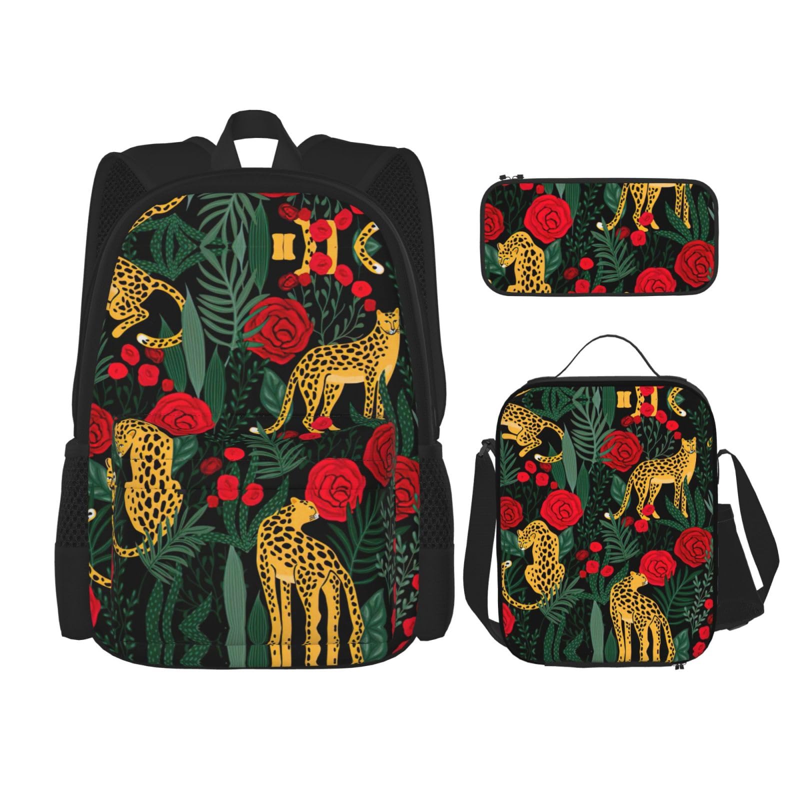 WURTON Rucksack mit Leoparden- und Rosenmuster, für Mädchen, Jungen, Schultaschen, Teenager, Lunchbox und Federmäppchen, 3-in-1-Büchertaschen-Set