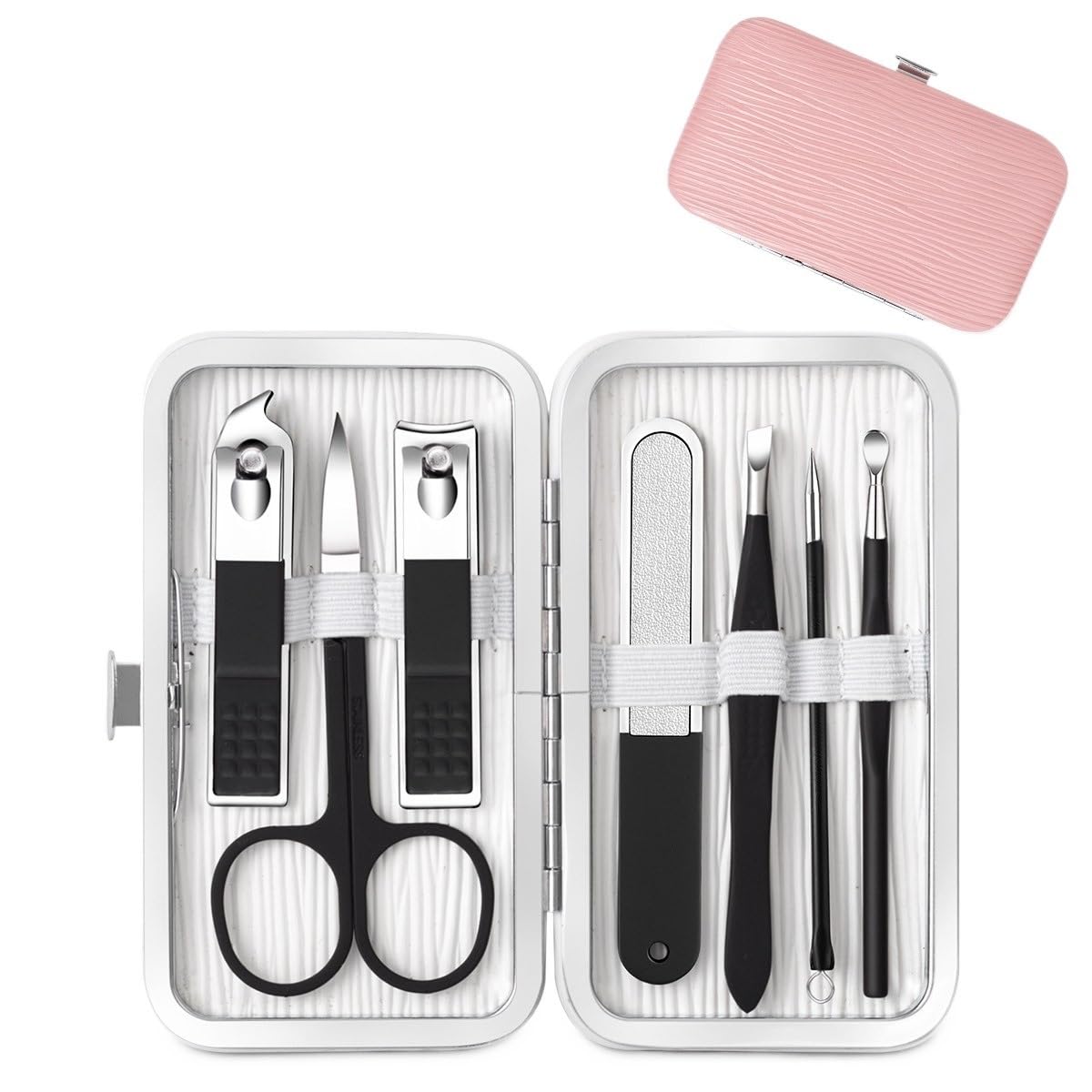 OPKDE Nagelknipser-Set, 7/18-teilig, Schwarz, Edelstahl, Nagelschneider, scharfe Pediküre-Schere, Maniküre-Werkzeug-Set (7-teiliges Rosa)