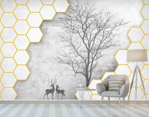 Geometrisches Sechseck Baum Silhouette Elch 3D Tapete Poster Restaurant Schlafzimmer Wohnzimmer Sofa TV Dekorative Wand-150cm×105cm