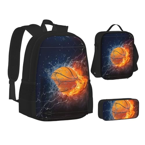 WURTON Rucksack mit Basketball auf Feuer und Wasserflammenspritzer, Lunchbox-Set, 3-in-1-Rucksack und Federmäppchen, passende Kombination, Schwarz, Einheitsgröße