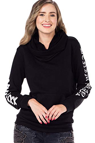 Cipo & Baxx Damen Sweater Pullover Hoodie Sweatpulli Rollkragen Lang Kängurutaschen Sweatshirt Schwarz XL