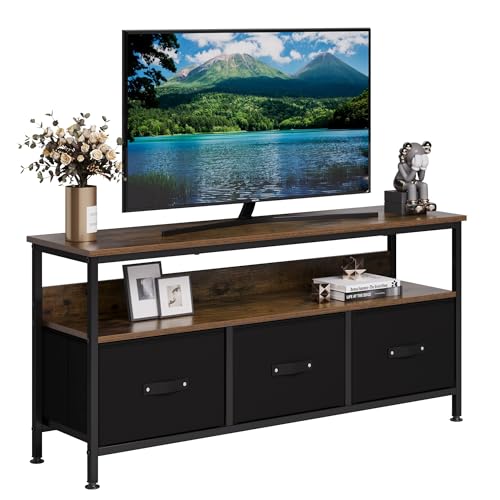 ThinkMax TV-Schrank, Fernsehschrank aus Holz, TV Kommode mit Schubladen und Regalen, Lowboard für Fernseher bis zu 55 Zoll, für Wohnzimmer und Schlafzimmer, Stahlgestell, 120x57x30 cm, Vintage-Braun-S