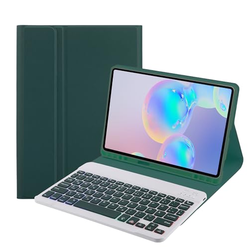 SUEEWE Tastatur Hülle für Samsung Galaxy Tab S9 FE / S9 (SM-X710/X716B/X718U/X510/X516B) 2023, TPU Rückseite Hülle mit 3 Bereich 7 Farbe Beleuchtete Abnehmbarer QWERTZ Tastatur, Dunkelgrün