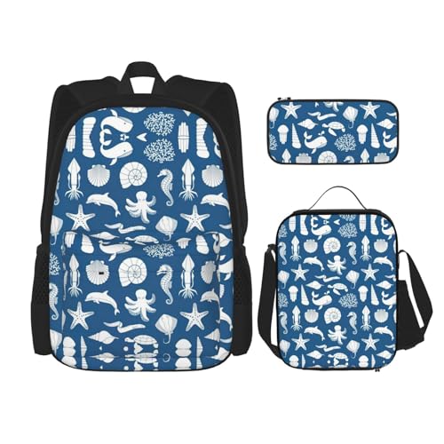 WURTON Underwater Marine Life Print Shoulder Backpack 3 In 1 Bookbag Set Lunch Box Pencil Case Travel Laptop Daypacks