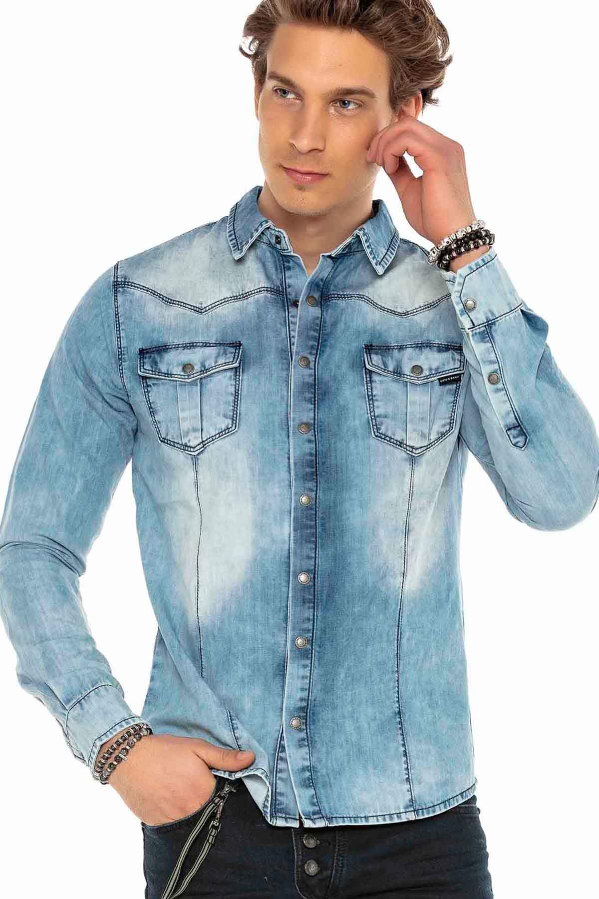 Cipo & Baxx Herren Jeanshemd Denim Hemd Shirt Klassisch Design CH165 Hellblau XL