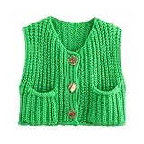 Sweater Vests Women 2024, Women's Button Front V Neck Sleeveless Crochet Solid Checkered Knit Sweater Vest with Pockets (Emerald Green,Medium)