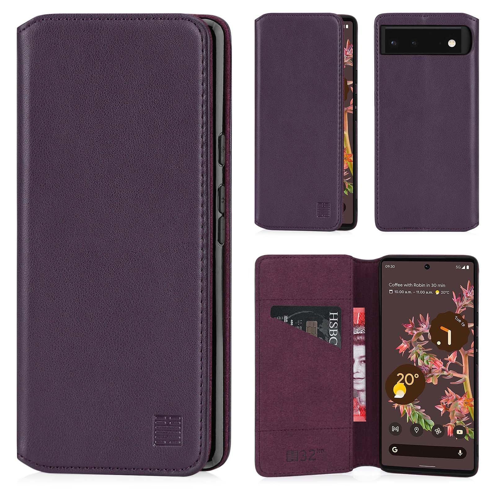 32nd Klassische Series 2.0 - Lederhülle Case Cover für Google Pixel 6, Echtleder Hülle Entwurf gemacht Mit Kartensteckplatz, Magnetisch und Standfuß - Aubergine