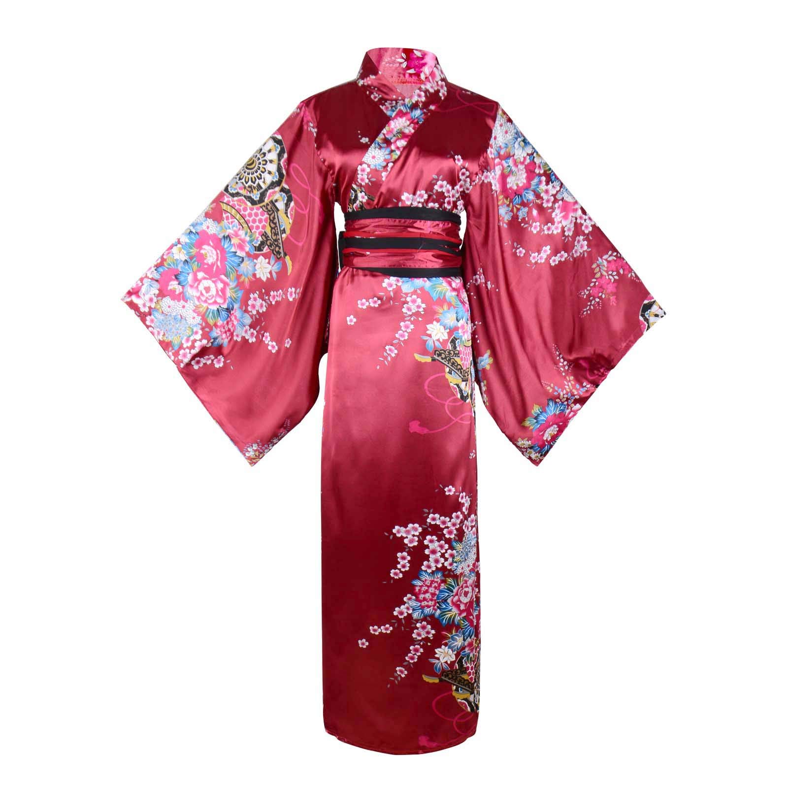 Wraith of East Kimono-Kostüm für Erwachsene, japanisches Geisha-Yukata-Blumenmuster, Bademantel, Nachtwäsche mit Obi-Gürtel, 30 lang weinrot, Large