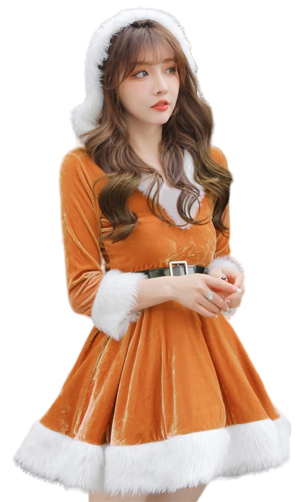 トクとユウ 2-teiliges Damenkleid, langärmeliges Kleid mit Kapuze, Weihnachts-Kostüm-Set, Cosplay, Kostüm, Orange, Größe L