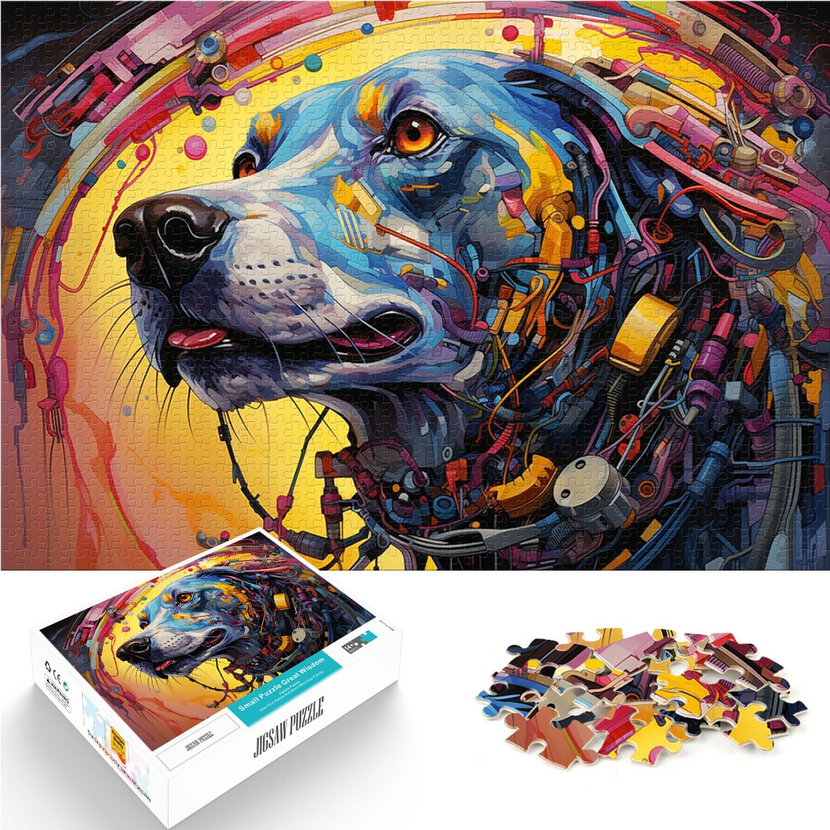 Puzzlespiele „Die farbenfrohe Psychedelie der mechanischen Hunde“, 1000-teiliges Holzpuzzle zum Stressabbau, schwierige Herausforderung, 1000 Teile (50 x 75 cm)