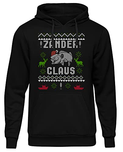 Zander Claus Herren Kapuzenpullover | Weihnachten Pullover Weihnachtsmann Christmas Hoodie Angler Fishing | Schwarz (XXL)