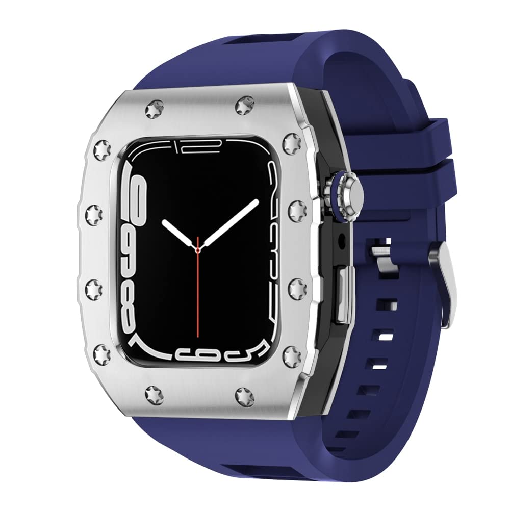 KANUZ 45 mm luxuriöses Metallgehäuse-Silikonarmband für Apple Watch, Mod Kit, 44 mm Modifikationsset für iWatch Serie 8, 7, SE, 6, 5, 4, Band (Farbe: SBU, Größe: 44 mm für 6/5/4/SE)