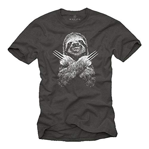 MAKAYA Lustige T-Shirts für Männer - Faultier Sloth - Kurzarm Rundhals Grau Geschenke Jungen/Kinder/Jungs/Herren Größe L