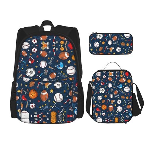 WURTON Schulterrucksack, Baseball-, Basketball-, Fußball-, Hockey-Druck, 3-in-1, Büchertaschen-Set, Lunchbox, Federmäppchen, Reise-Laptop-Tagesrucksäcke, Schwarz, Einheitsgröße