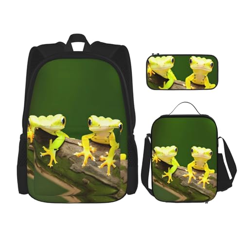 YQxwJL 3-in-1-Rucksack-Büchertaschen-Set, Valentinstagsdruck, lässiger Reiserucksack, mit Federmäppchen, Lunchtasche, Zwei Geckos, Einheitsgröße