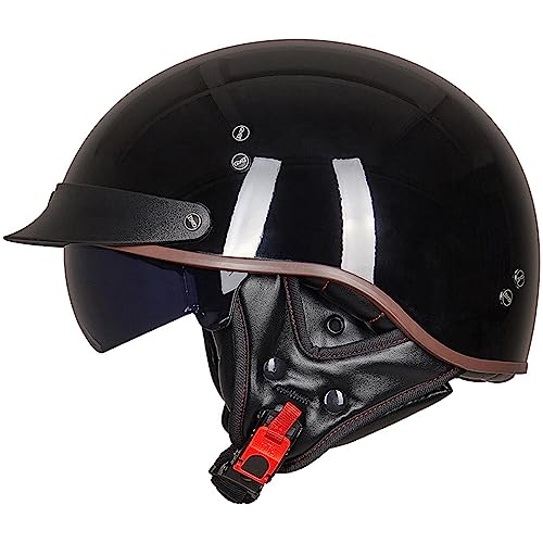 Motorrad Halbhelme Retro Brain-Cap Halbschale Jet-Helm Roller-Helm Scooter-Helm Mofa-Helm Harley-Helm ECE-Zertifizierung Half Helm Faltbar Visier für Herren Damen, Glänzend Schwarz-L(57~58cm)