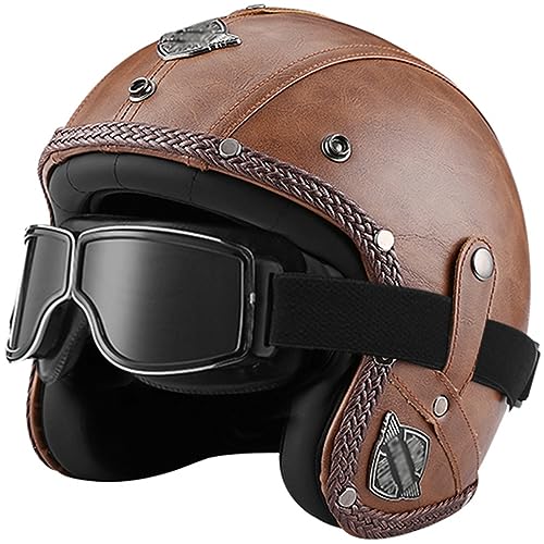 Motorradhelm Jethelme Lederhelm Retro Leder-Helm Vintage Mopedhelm mit Brille Maske Motorradkreuzer-Rollerhelm im Deutschen Stil für Männer und Frauen,C-S(55~56cm)