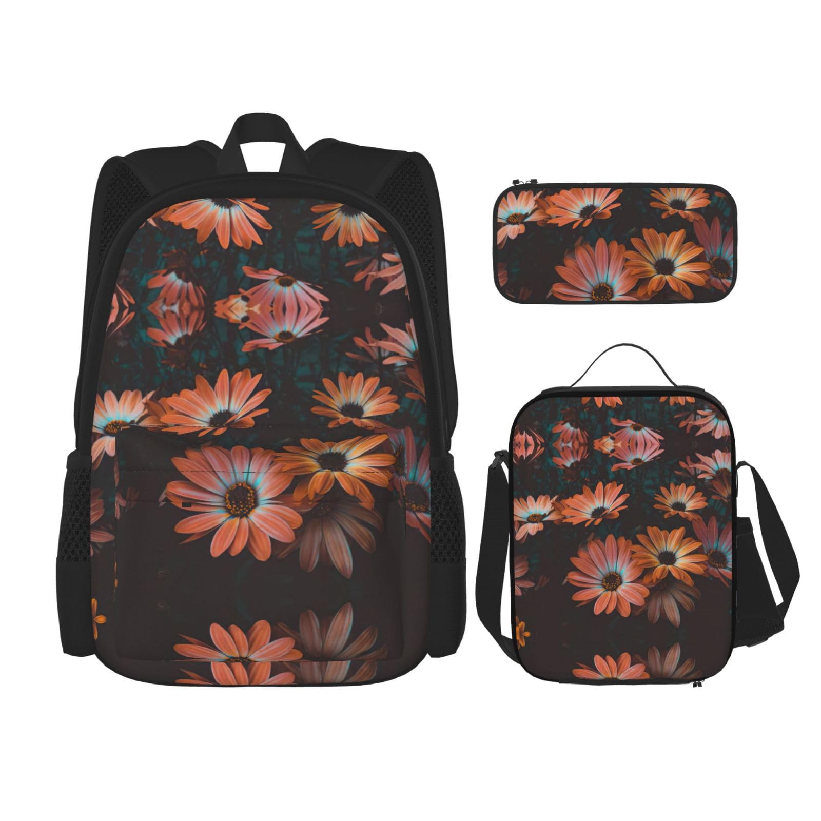 WURTON Orange Chrysanthemen-Druck, verstellbare Schultergurte, Rucksack-Set, Lunchtasche, Federmäppchen, Kombinationstaschen-Set