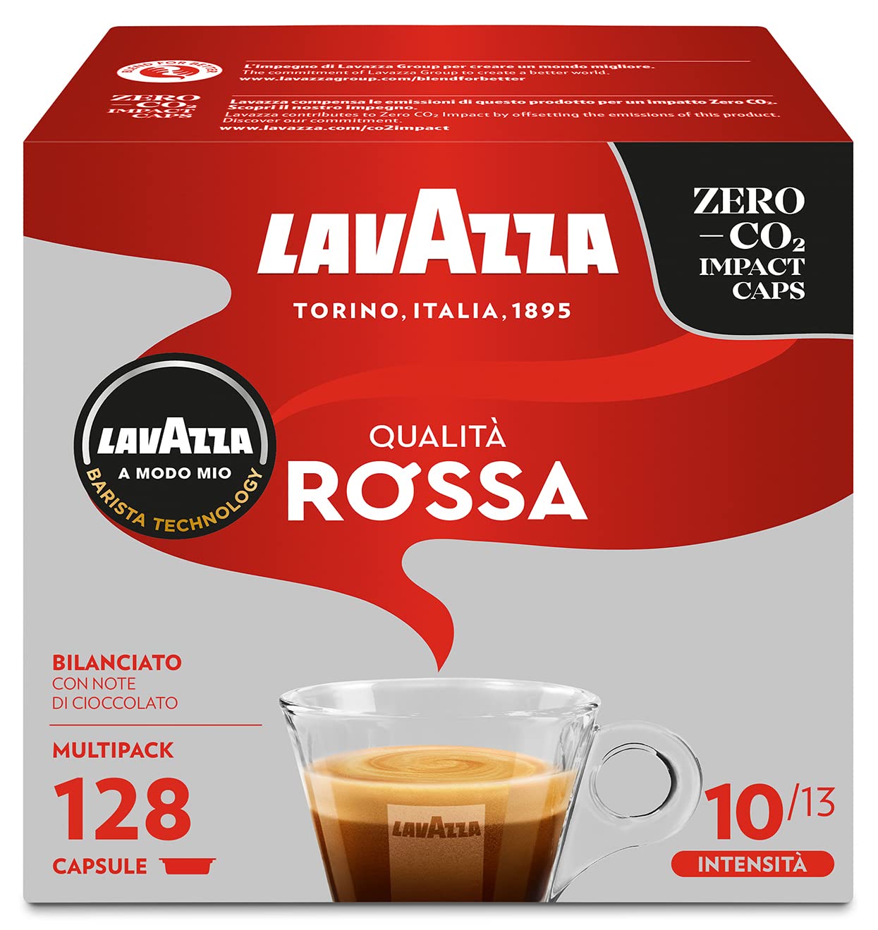 Lavazza A Modo Mio Qualità Rossa, 128 Kaffeekapseln, für einen Espresso mit Noten von Schokolade und getrockneten Früchten, Arabica und Robusta, Intensität 10/13, mittlere Röstung, 8 Packungen mit je