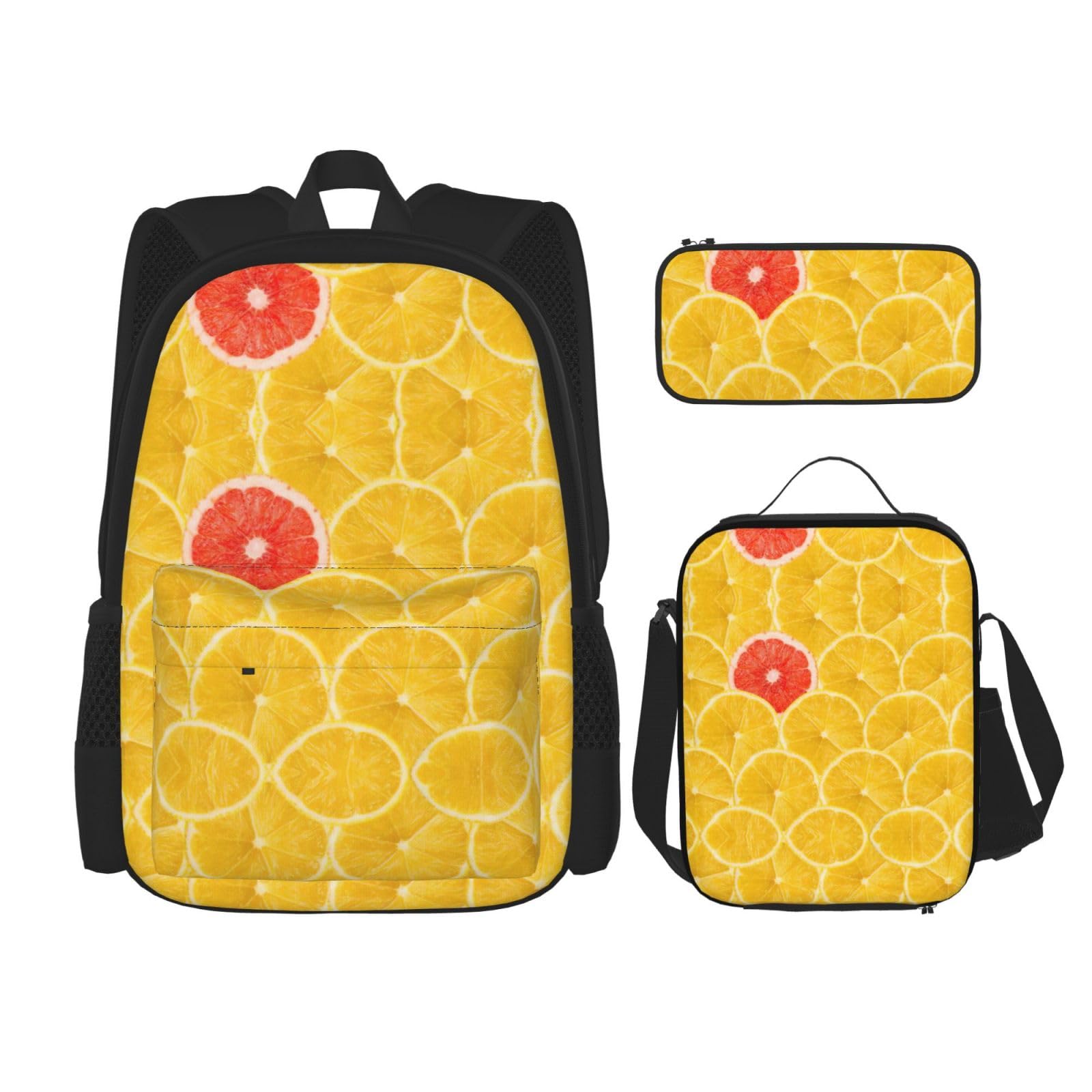 WURTON Summer Lemon Print Rucksack Mädchen Jungen Schultaschen Teenager Lunchbox und Federmäppchen 3-in-1 Büchertaschen-Set