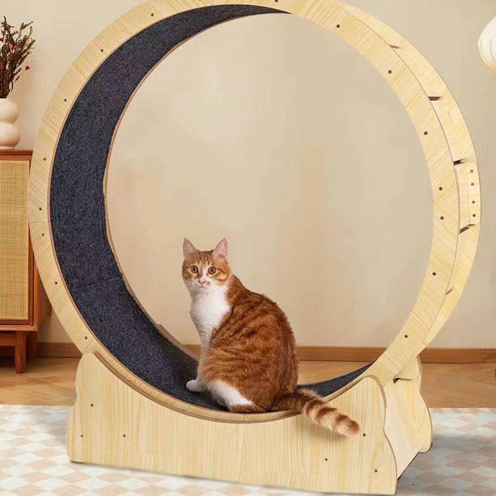 Katzenlaufrad,Natürliches Massivholz-Katzenlaufrad, mit Schlössern, Teppich, Katzenlaufmaschine Perfekt für Gewichtsverlust oder Energetische Katze,M