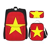 WURTON Trendige Rucksacktaschen mit vietnamesischer Flagge, Lunchbox und Federmäppchen, 3-in-1, verstellbares Rucksack-Set, Schwarz, Einheitsgröße, Schwarz , Einheitsgröße